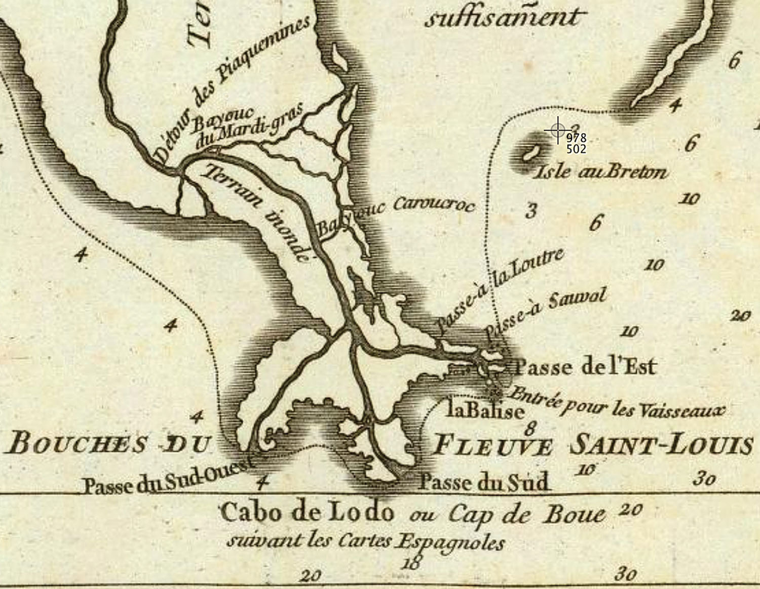 Detail of a c. 1752 French map of Louisiana showing Bayouc du Mardi-gras as well as “Piaquemines” Bend. The map also labels the delta in French as the “mouths of the Saint Louis River.” The spelling “Bayouc” is apparently archaic French.