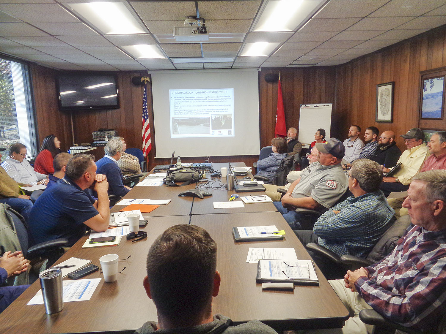 More than 30 people crowd into a meeting room at the Lake Barkley Resource Manager’s Office Nov. 14 for the Fall Semi-Annual Navigation Meeting. The meeting included timetables for construction projects that could affect navigation on the inland waterways. (Photo by Shelley Byrne)