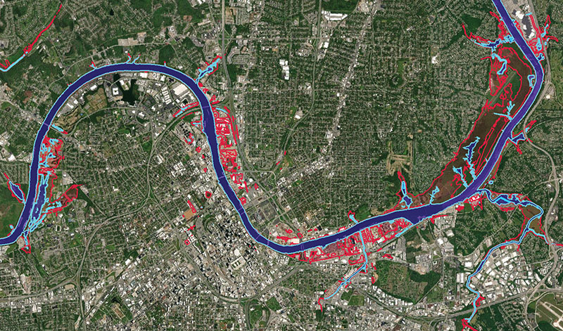 This map shows the difference between the reduced flood impacts experienced in the vicinity of Nashville, Tenn., on the Cumberland River in early May 2024 with estimated impacts (shown in red) if USACE dam storage projects were not in operation. (Corps of Engineers graphic)