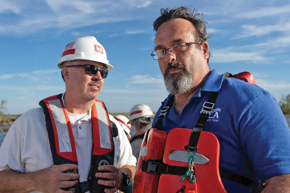 GICA President Paul Dittman stands aboard a survey vessel following Hurricane Ida in 2021. Dittman is pictured alongside Victor Landry, operations manager of the GIWW for the New Orleans Engineer District. (Photo courtesy of the New Orleans Engineer District)