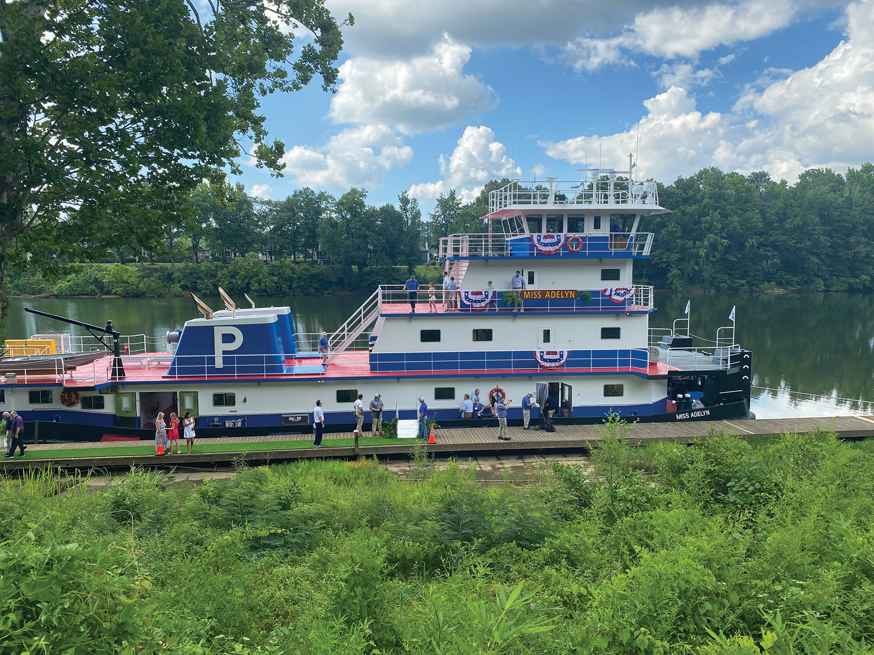 Parker Towing Company’s newest towboat, the mv. Miss Adelyn, is moored on the left descending bank in Tuscaloosa, Ala., near the city’s Riverwalk. (Photo by Cheryl Wray)