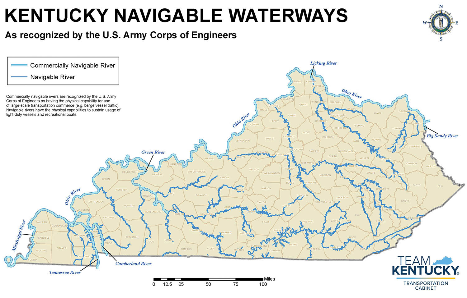 A map shows navigable waterways within the state of Kentucky. While the Mississippi, Ohio and Tennessee rivers are already part of the U.S. Maritime Administration’s United States Marine Highways Grant Program, transportation officials recently were able to add the Licking River as an Ohio River tributary and are seeking to add the Green, Big Sandy and Cumberland rivers. (Map courtesy of the Kentucky Transportation Cabinet)