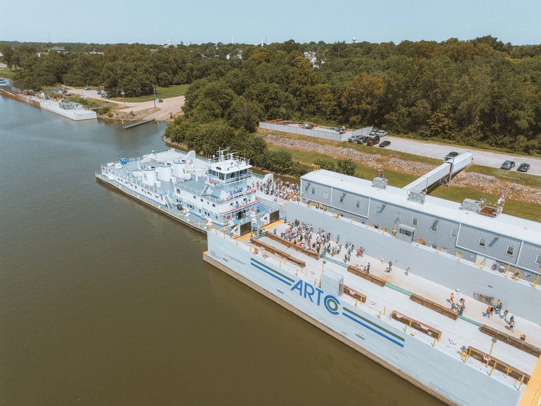 An aerial view of the crowd gathered for the August 10 christening of the mv. Royce Wilken and open house at ARTCo’s terminal in Mt. Vernon, Ind.