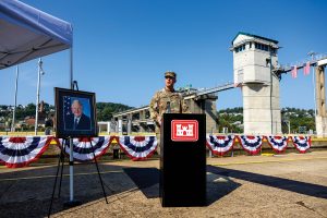 Col. Nicholas Melin, commander of the Pittsburgh Engineer District, speaks during the renaming and dedication ceremony for the new navigation chamber at the John P. Murtha Locks and Dam on the Monongahela River. 