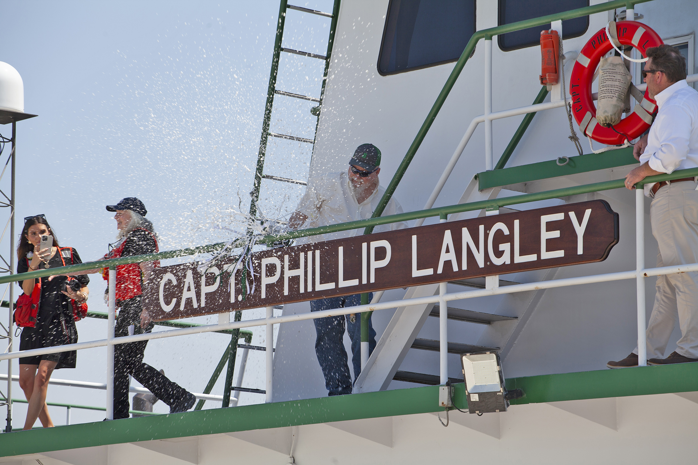 Longtime Blessey Marine Services captain Phillip Langley christens his namesake vessel August 20 at Blessey’s WEB Fleet in Channelview, Texas. (Photos by Nelson Spencer Jr. and Frank McCormack)