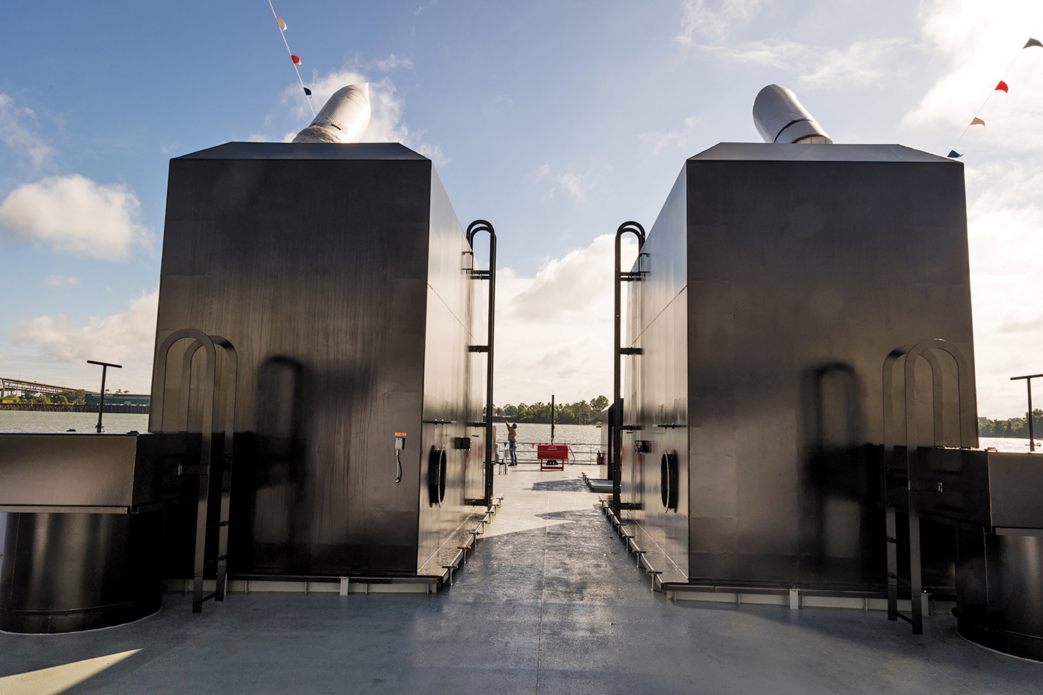 The two huge stacks aboard the mv. ACBL Mariner. (Photo courtesy of ACBL)