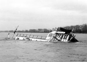 The Mary B sunk at Mile 151 on the Missouri River on April 21, 1961. (Tom Waller photograph courtesy of the Dan Owen Boat Photo Museum)