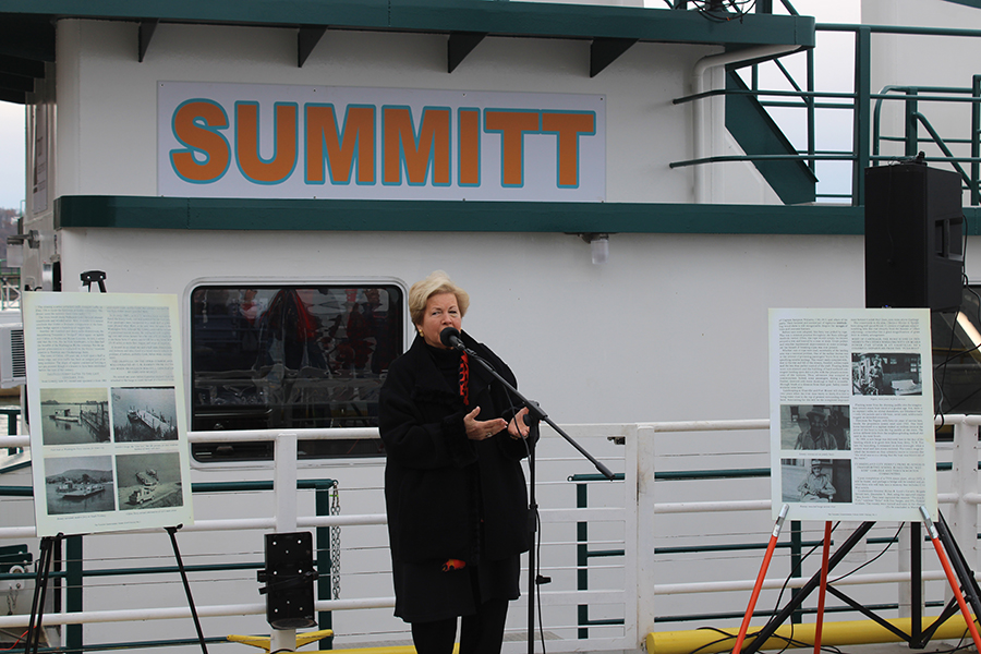 Former UT-Knoxville athletics director Joan Cronan speaks at the christening of the mv. Summitt on December 13 in Big Sandy, Tenn. The boat, named as part of a statewide contest, memorializes the late University of Tennessee Lady Vols basketball coach Pat Summitt. (Photo by Shelley Byrne)